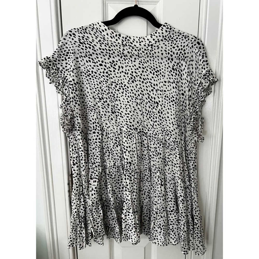 Womens Black White Dalmatian Print Tiered Babydoll Ruffle Sleeve Blouse XL
